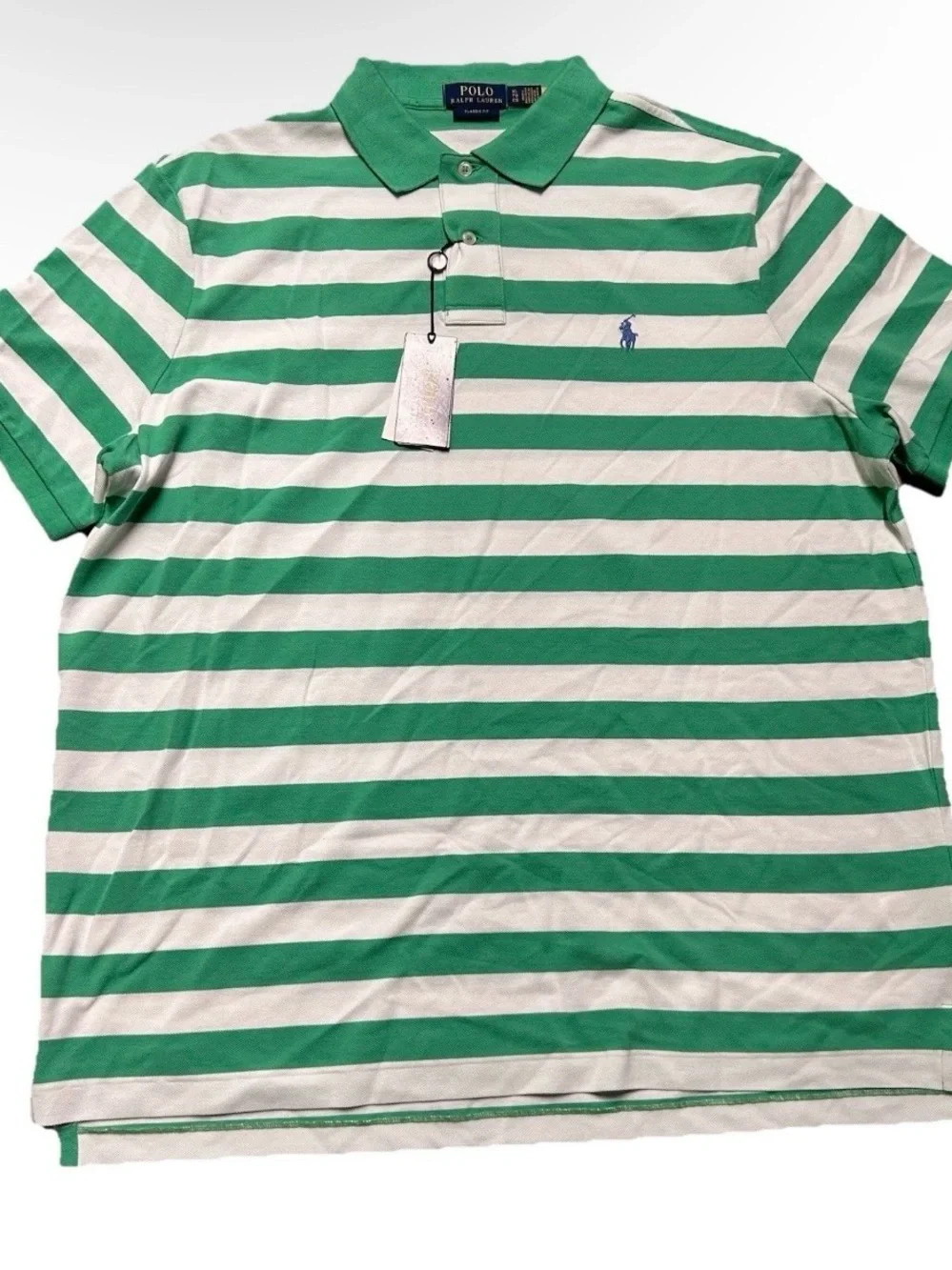 NWT Men’s Polo Ralph Lauren White Green Striped Classic Polo Shirt Size XL